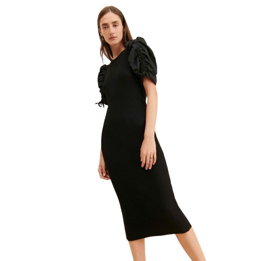 Anthropologie En Saison Fitted Maxime Midi Dress Puff Sleeves Black Size Medium
